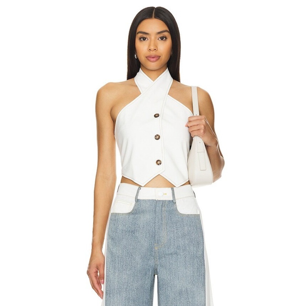 The Femm Carly Vest is a white Denim Halter Vest Top Cropped Crossover Neck NWT